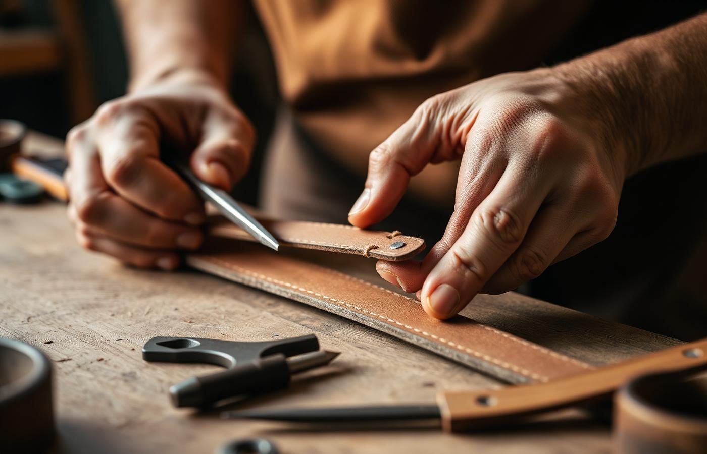 Manos artesanas trabajando el cuero